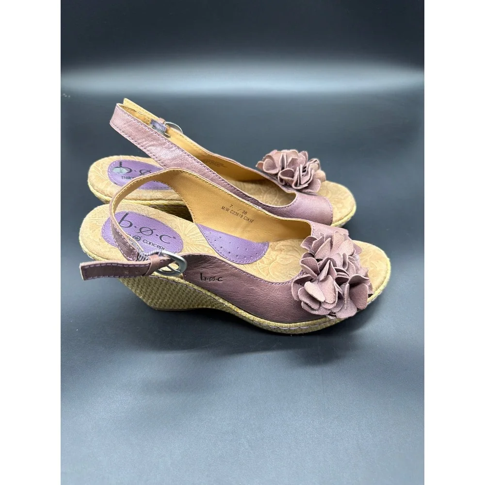 b.o.c. Born‎ Concept Mauve Purple Leather Flower Wedge Sandals C23619 Womens 7